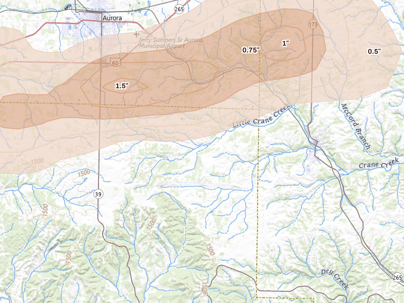 Radar-estimated hail-size map of the storm over Crane, MO on Apr 27, 2026