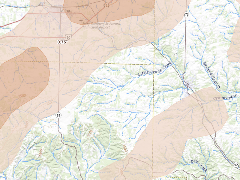 Radar-estimated hail-size map of the storm over Crane, MO on Apr 28, 2026