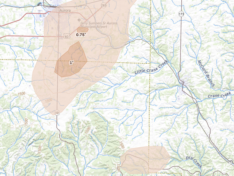 Radar-estimated hail-size map of the storm over Crane, MO on May 30, 2026