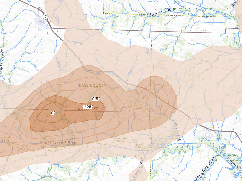 Radar-estimated hail-size map of the storm over Creighton, MO on Apr 26, 2026