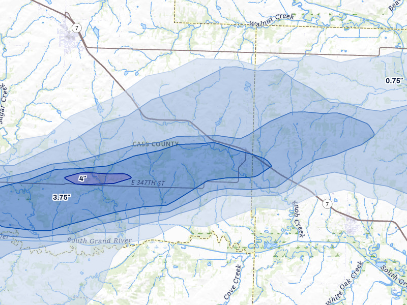 NEXRAD radar-signature map of the hail over Creighton, MO