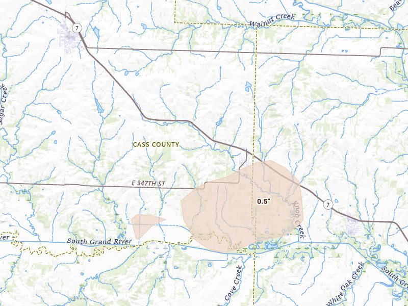 Radar-estimated hail-size map of the storm over Creighton, MO on Jul 8, 2026