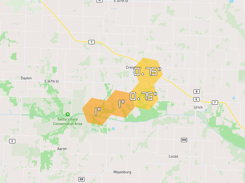Hail map of Creighton, MO on Jul 9, 2026, hail up to 1"