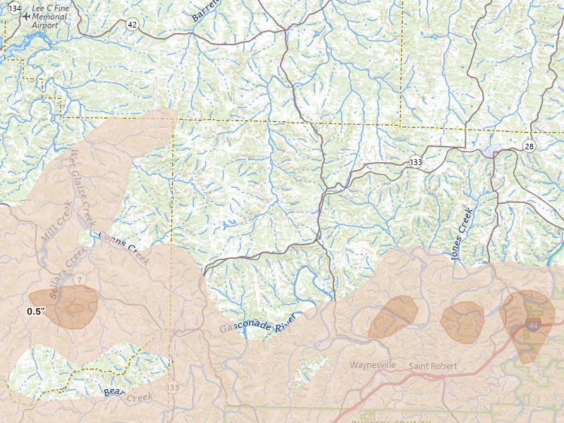 Radar-estimated hail-size map of the storm over Crocker, MO on Apr 26, 2026