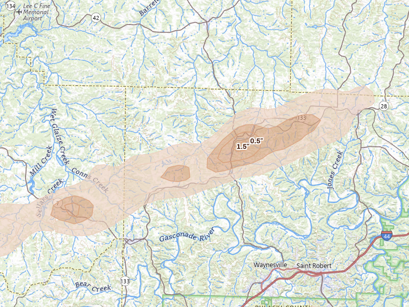 Radar-estimated hail-size map of the storm over Crocker, MO on Apr 27, 2026