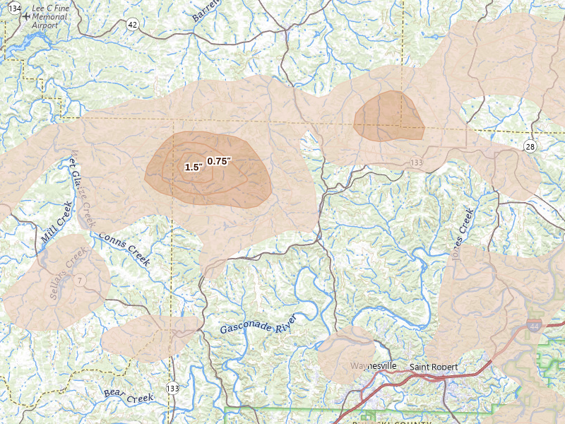 Radar-estimated hail-size map of the storm over Crocker, MO on May 31, 2026