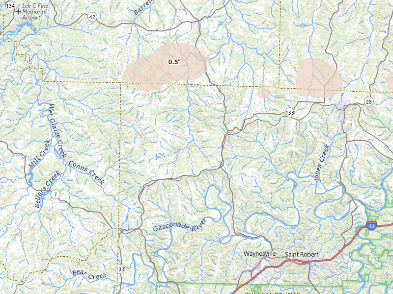 Radar-estimated hail-size map of the storm over Crocker, MO on Jun 11, 2026