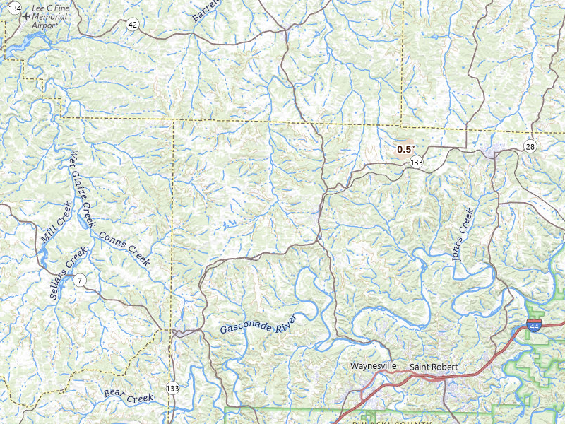 Radar-estimated hail-size map of the storm over Crocker, MO on Jul 18, 2026