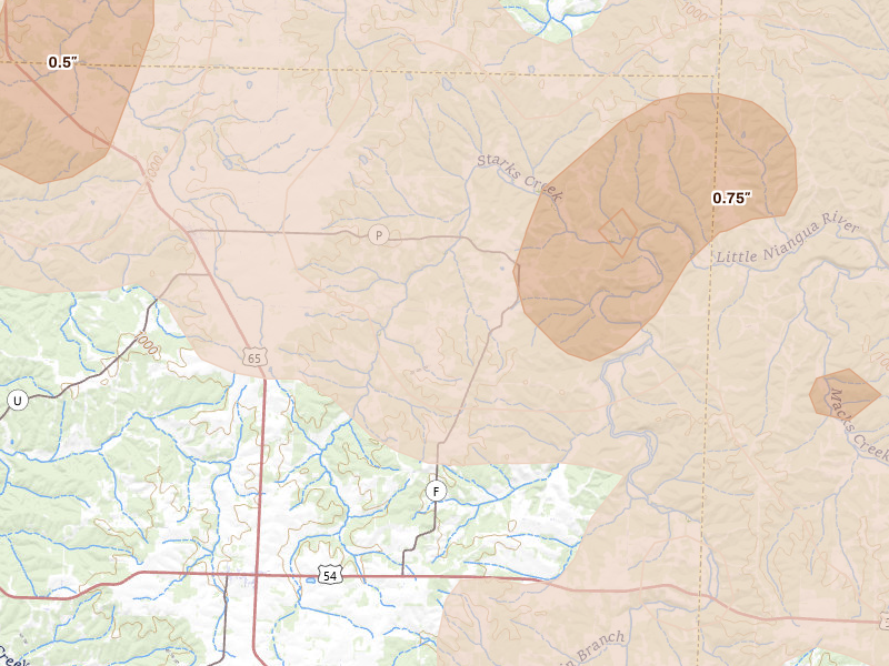 Radar-estimated hail-size map of the storm over Cross Timbers, MO on Apr 26, 2026