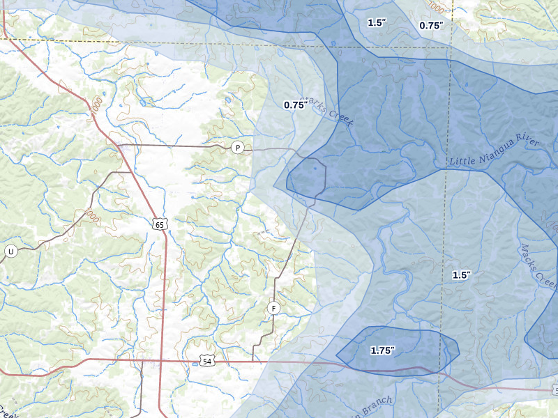 NEXRAD radar-signature map of the hail storm over Cross Timbers, MO on Apr 26, 2026
