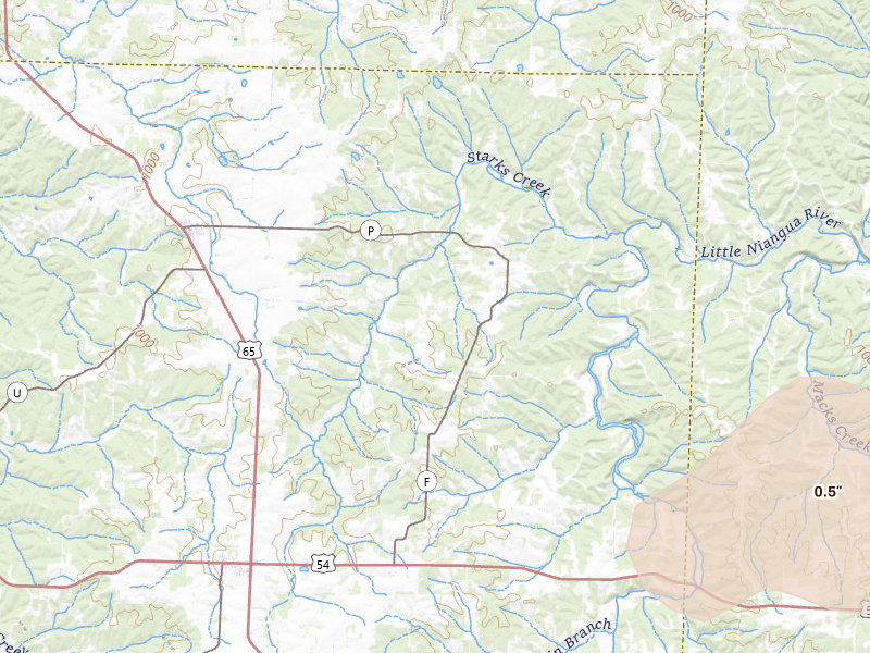Radar-estimated hail-size map of the storm over Cross Timbers, MO on May 31, 2026
