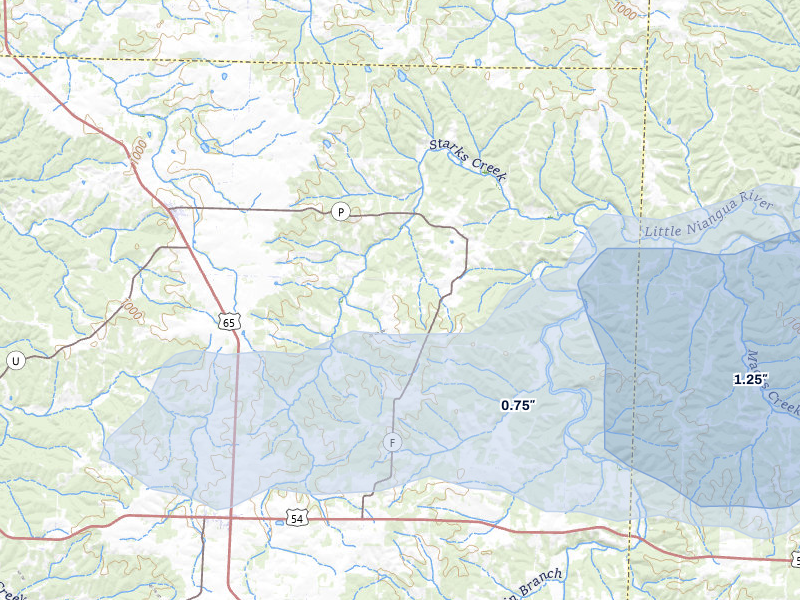 NEXRAD radar-signature map of the hail storm over Cross Timbers, MO on May 31, 2026