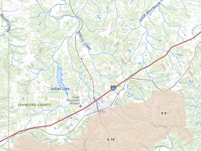 Radar-estimated hail-size map of the storm over Cuba, MO on Apr 26, 2026