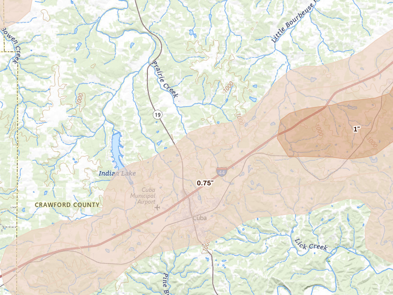 Radar-estimated hail-size map of the storm over Cuba, MO on Apr 27, 2026