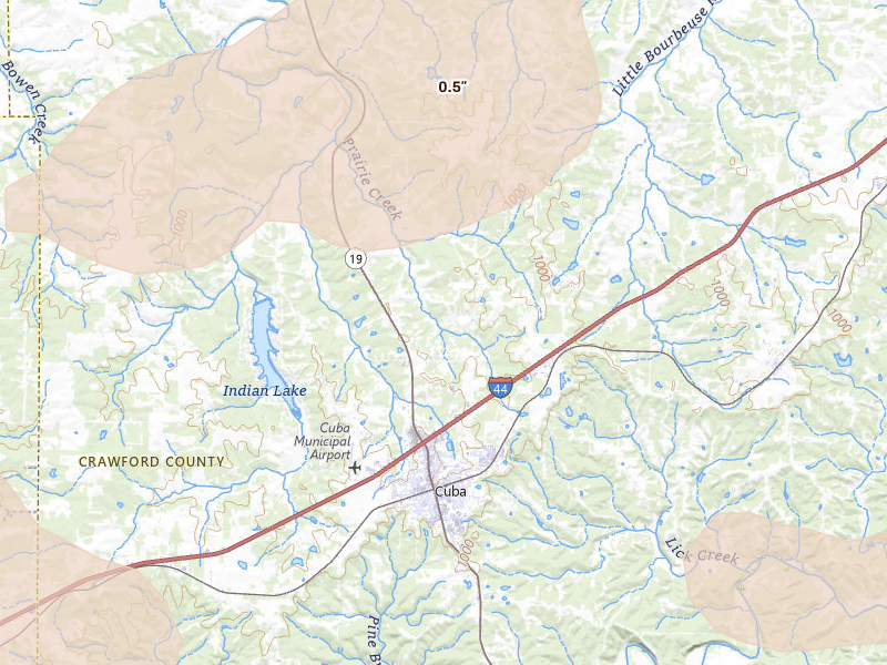 Radar-estimated hail-size map of the storm over Cuba, MO on May 31, 2026