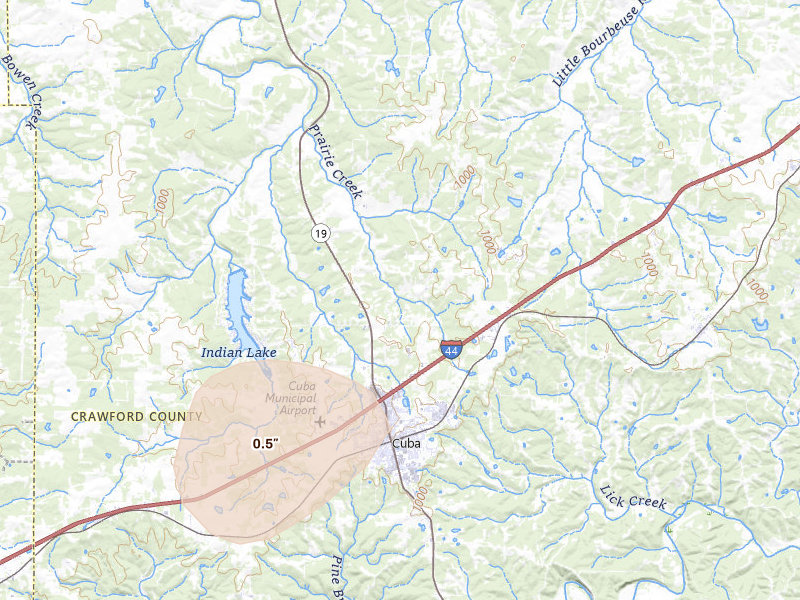 Radar-estimated hail-size map of the storm over Cuba, MO on Jul 31, 2026
