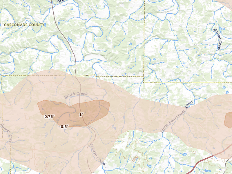 Radar-estimated hail-size map of the storm over Cuba, MO on Aug 12, 2026