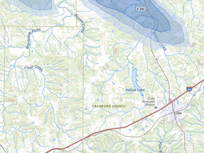 NEXRAD radar-signature map of the hail storm over Cuba, MO on Aug 12, 2026