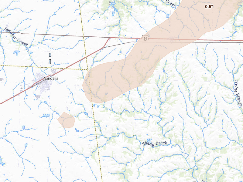 Radar-estimated hail-size map of the storm over Curryville, MO on Apr 26, 2026