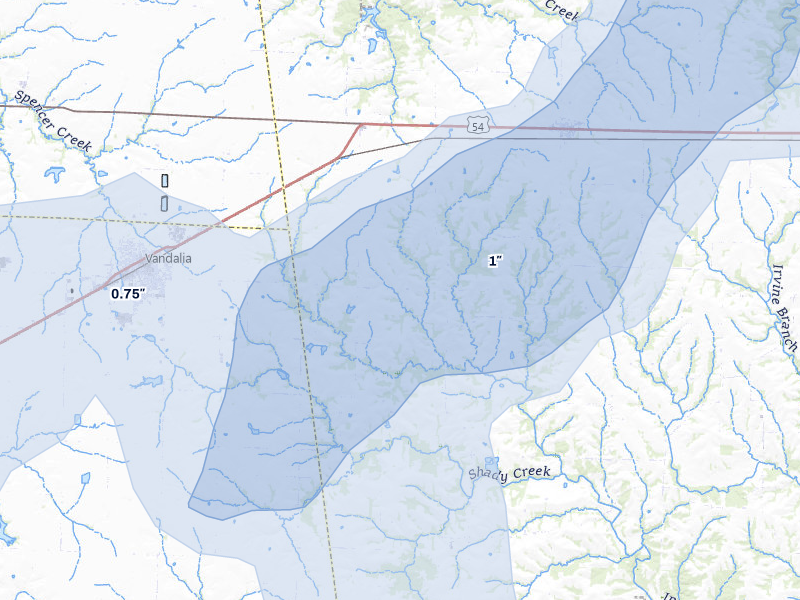 NEXRAD radar-signature map of the hail over Curryville, MO