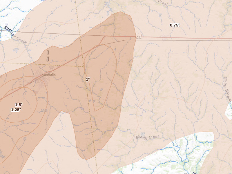 Radar-estimated hail-size map of the storm over Curryville, MO on Apr 27, 2026