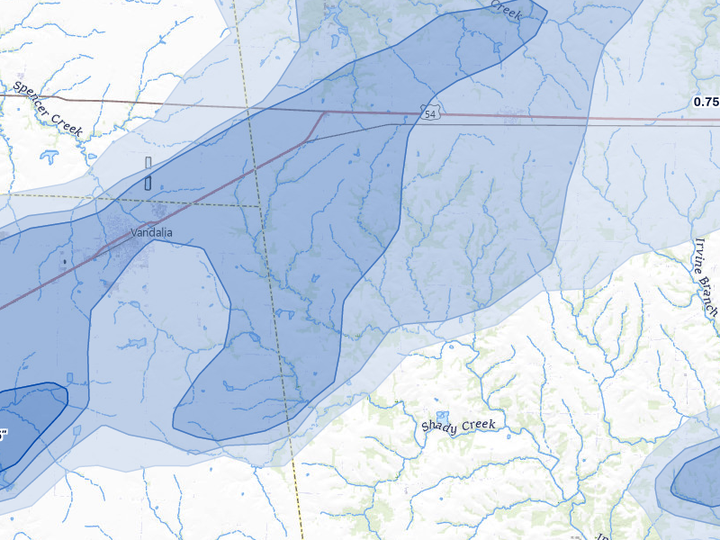 NEXRAD radar-signature map of the hail over Curryville, MO