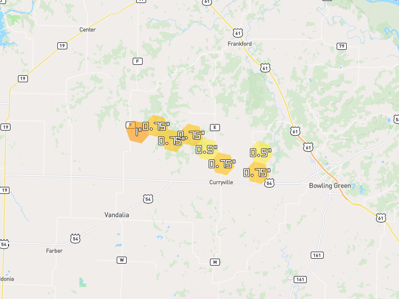 Hail map of Curryville, MO on Jun 1, 2026, hail up to 1"