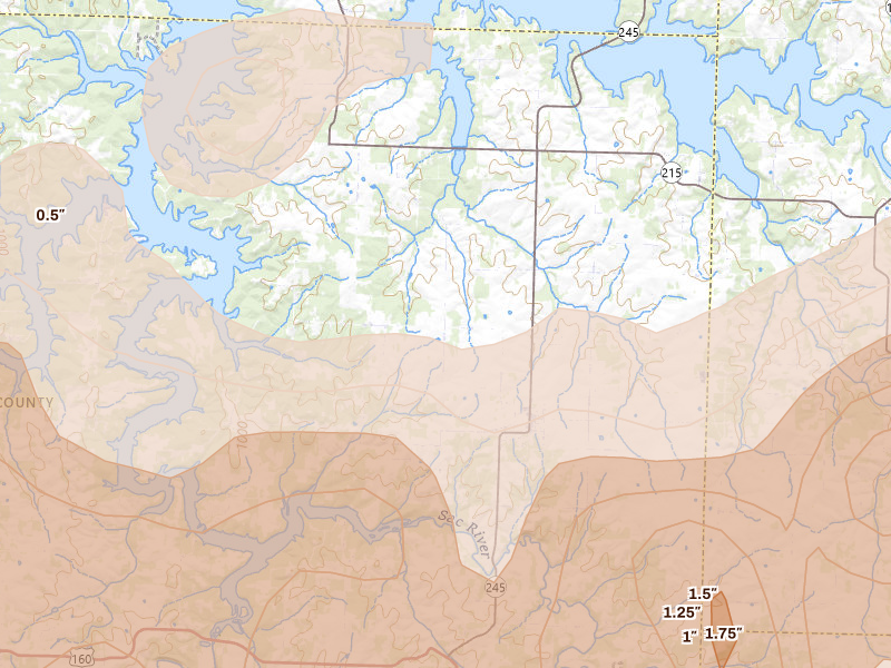 Radar-estimated hail-size map of the storm over Dadeville, MO on Apr 26, 2026