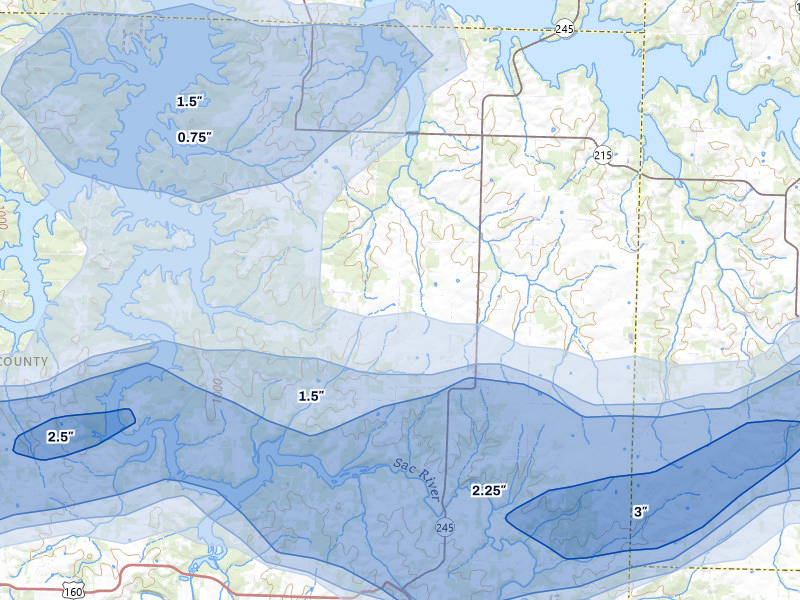 NEXRAD radar-signature map of the hail over Dadeville, MO