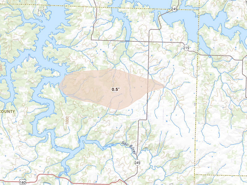 Radar-estimated hail-size map of the storm over Dadeville, MO on Jun 7, 2026