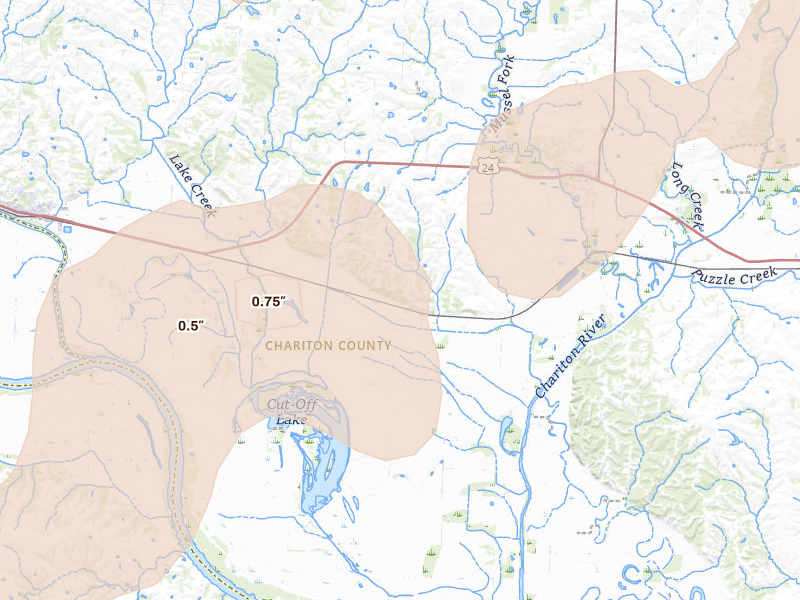 Radar-estimated hail-size map of the storm over Dalton, MO on Mar 10, 2026
