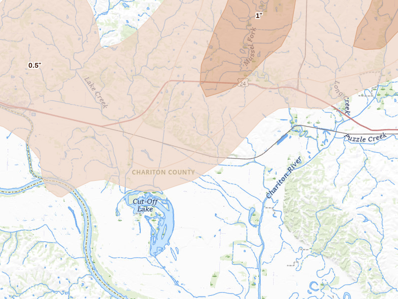 Radar-estimated hail-size map of the storm over Dalton, MO on Apr 26, 2026