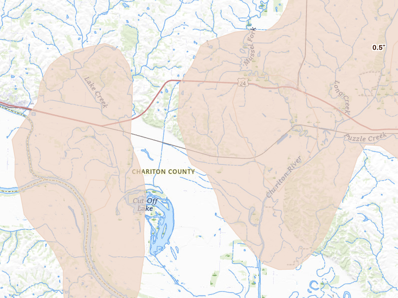 Radar-estimated hail-size map of the storm over Dalton, MO on Apr 27, 2026