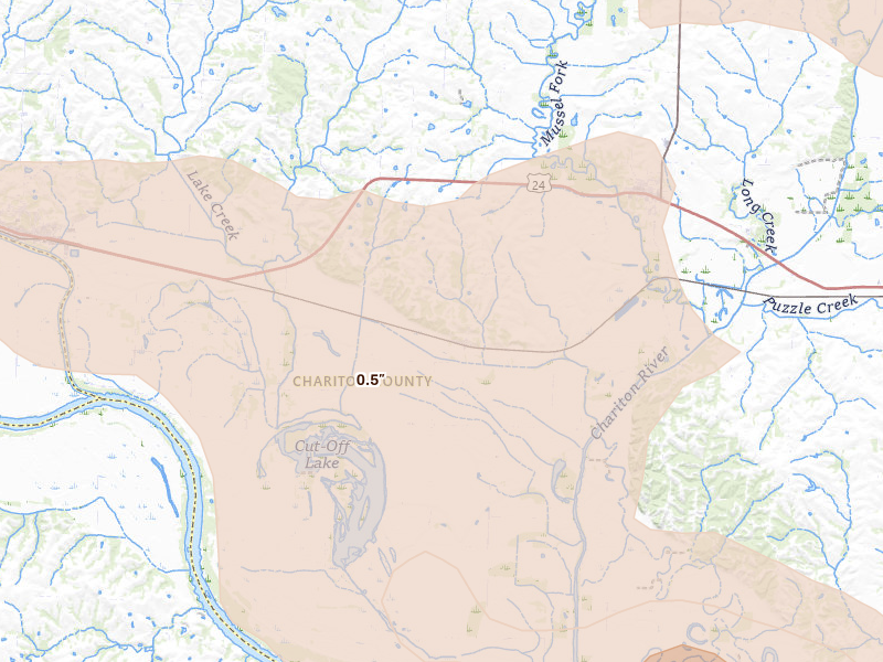 Radar-estimated hail-size map of the storm over Dalton, MO on May 31, 2026