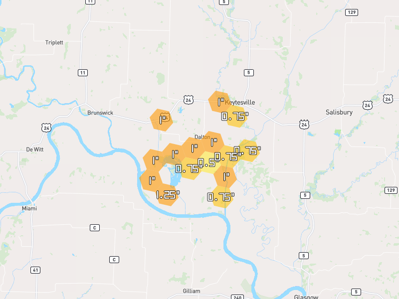 Hail map of Dalton, MO on Jun 1, 2026, hail up to 1.25"
