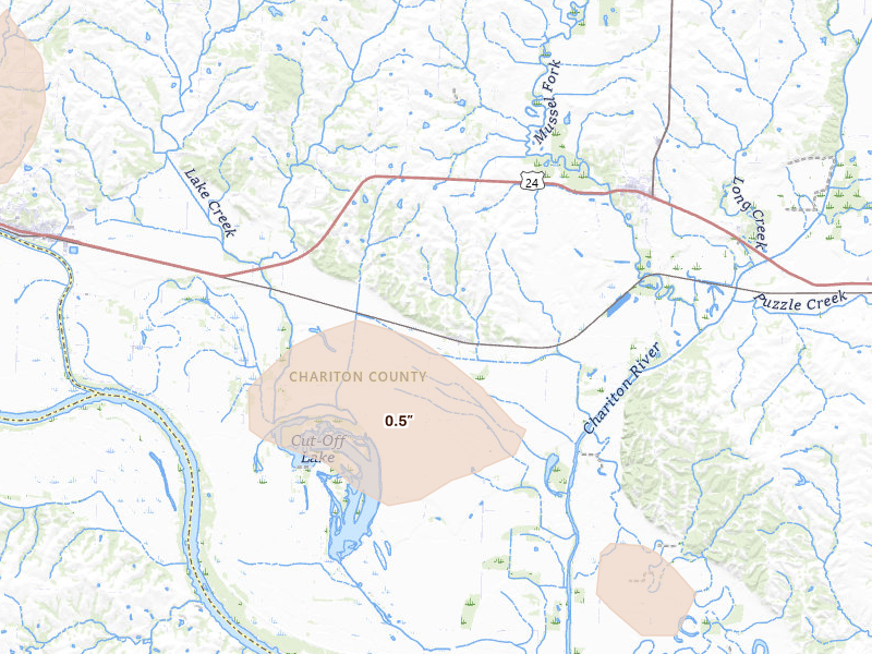 Radar-estimated hail-size map of the storm over Dalton, MO on Jul 20, 2026