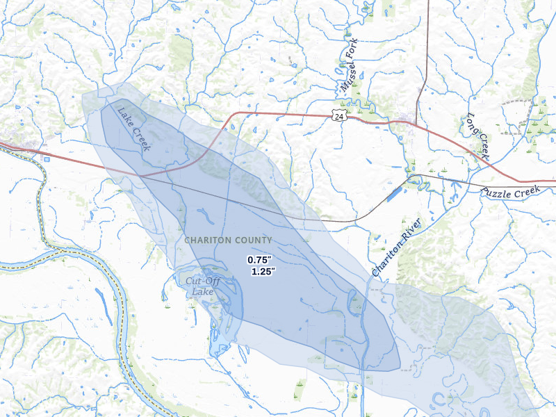 NEXRAD radar-signature map of the hail storm over Dalton, MO on Jul 20, 2026