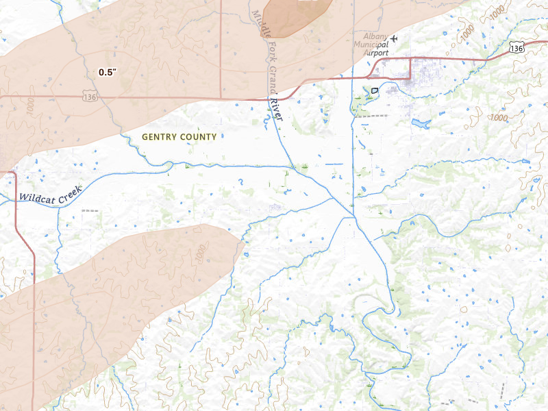 Radar-estimated hail-size map of the storm over Darlington, MO on Apr 17, 2026