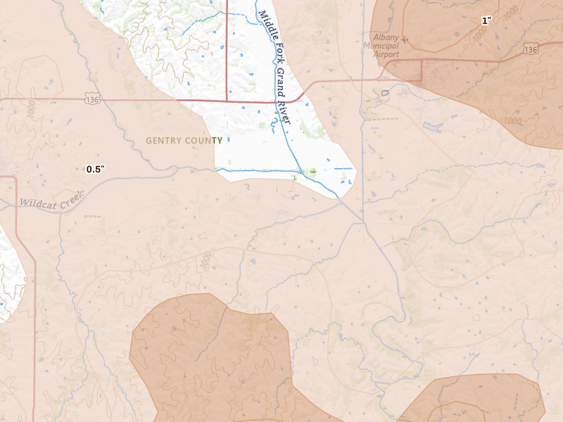 Radar-estimated hail-size map of the storm over Darlington, MO on May 16, 2026