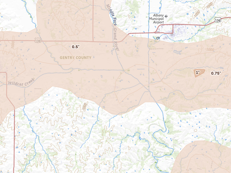 Radar-estimated hail-size map of the storm over Darlington, MO on Jun 10, 2026