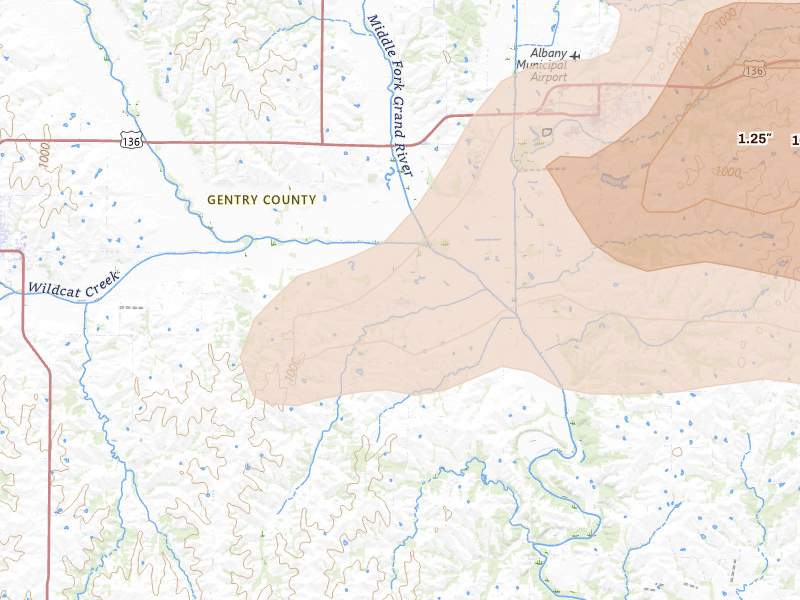 Radar-estimated hail-size map of the storm over Darlington, MO on Jun 11, 2026