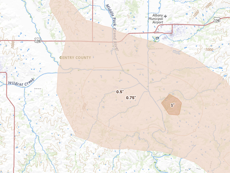 Radar-estimated hail-size map of the storm over Darlington, MO on Aug 8, 2026