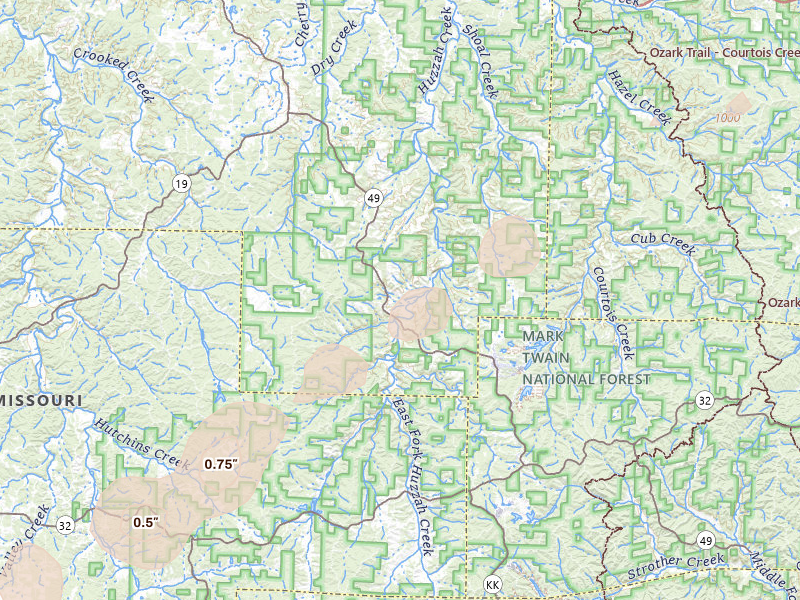 Radar-estimated hail-size map of the storm over Davisville, MO on Mar 4, 2026