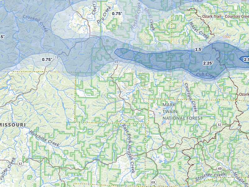 NEXRAD radar-signature map of the hail over Davisville, MO