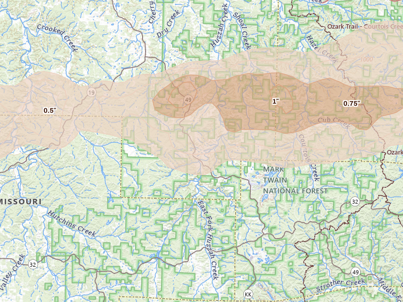 Radar-estimated hail-size map of the storm over Davisville, MO on Apr 27, 2026