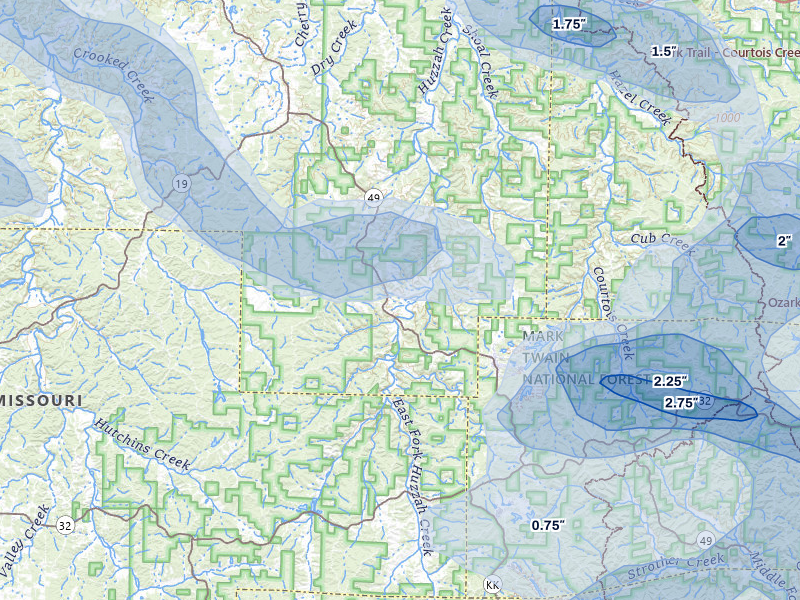NEXRAD radar-signature map of the hail storm over Davisville, MO on May 31, 2026