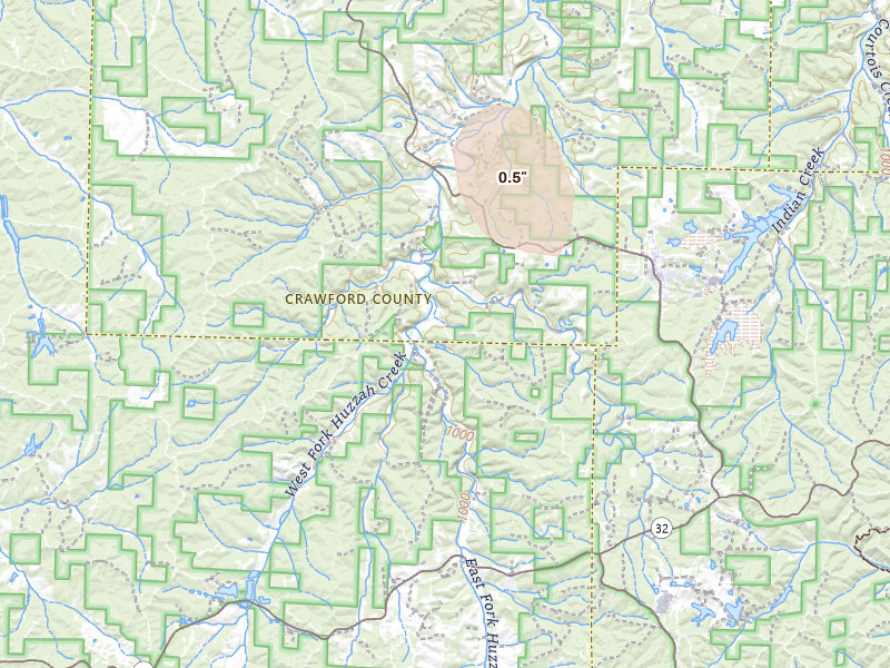 Radar-estimated hail-size map of the storm over Davisville, MO on Aug 18, 2026