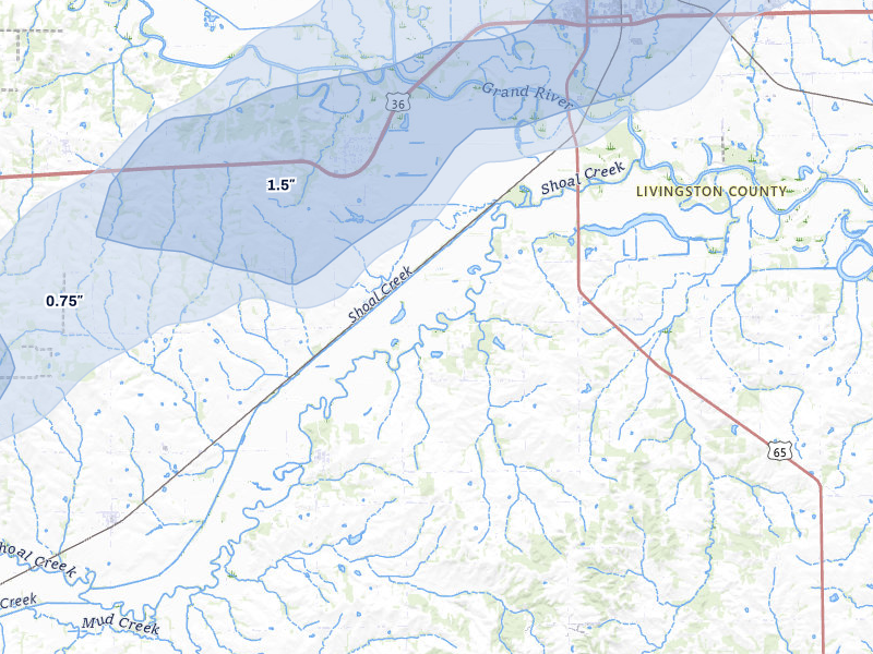 NEXRAD radar-signature map of the hail over Dawn, MO