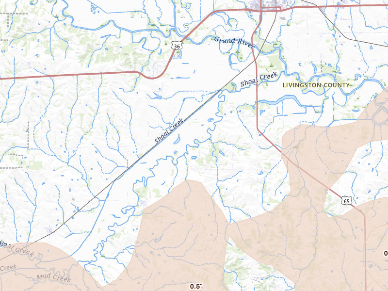 Radar-estimated hail-size map of the storm over Dawn, MO on Apr 26, 2026