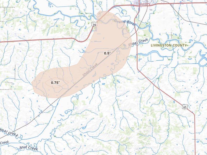 Radar-estimated hail-size map of the storm over Dawn, MO on May 16, 2026